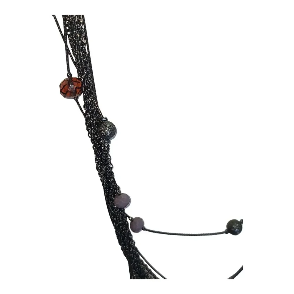 Gunmetal & Purple Crystal Bead‎ Multi Strand Station Necklace 26-28